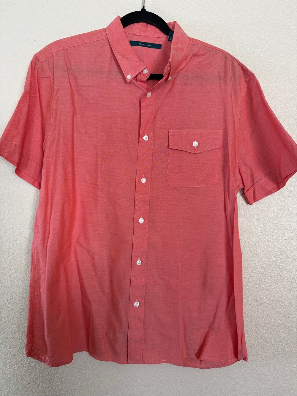 Perry Ellis Men's Coral Short-Sleeve Button-Down Cotton Shirt Size L
